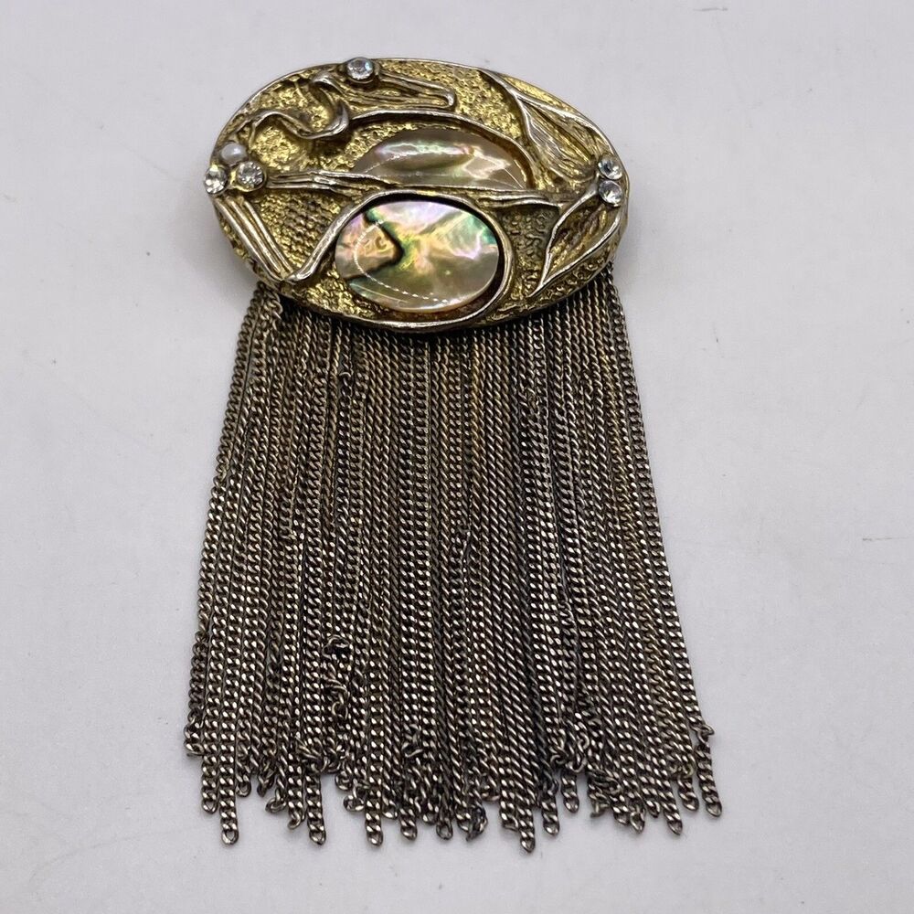 Vintage Abalone Brass Waterfall Brooch Art Deco Abstract Boho  Shimmy Tassel